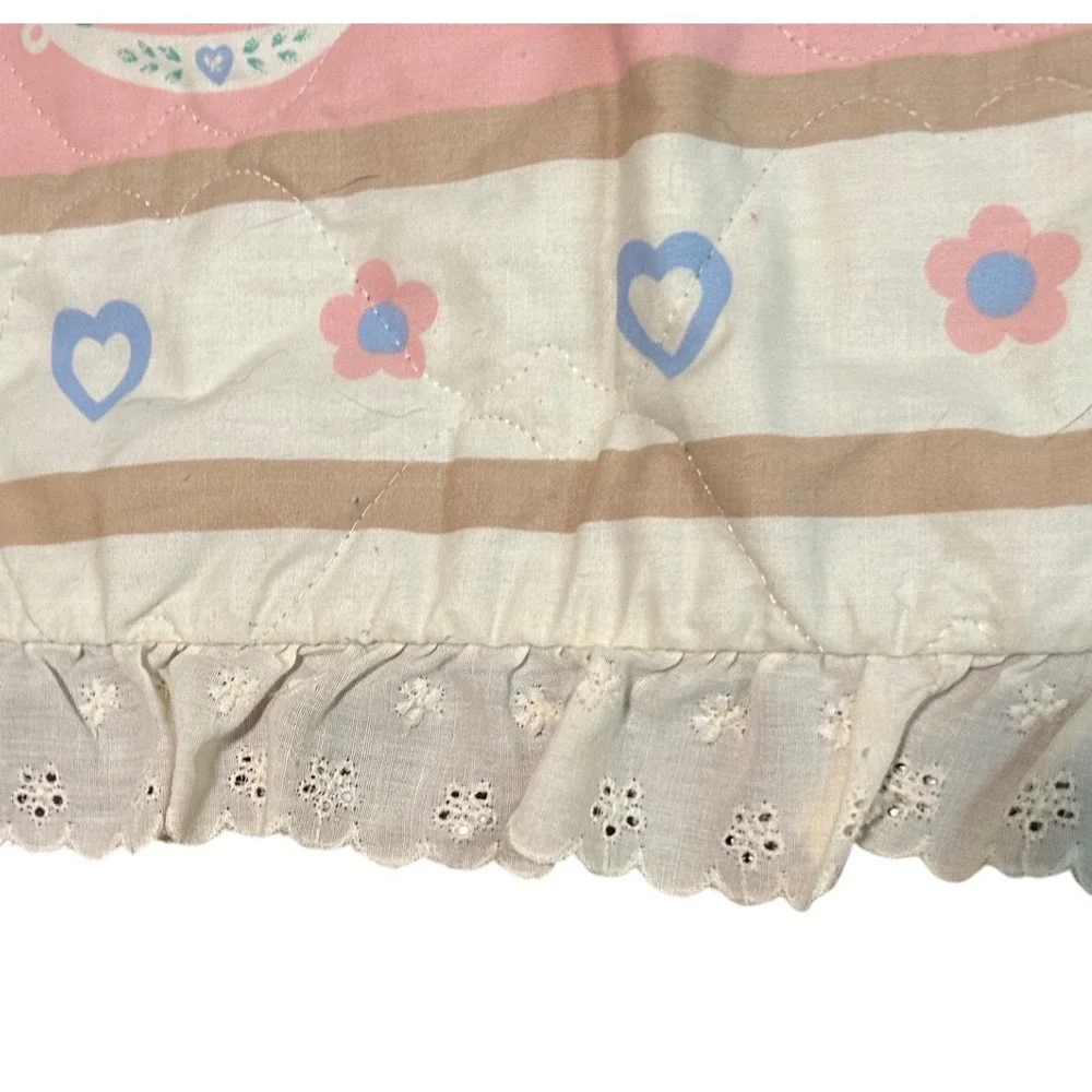 Vintage Rocking Horse Quilted Baby Blanket Pink Blue Eyelet Lace Ruffle Trim